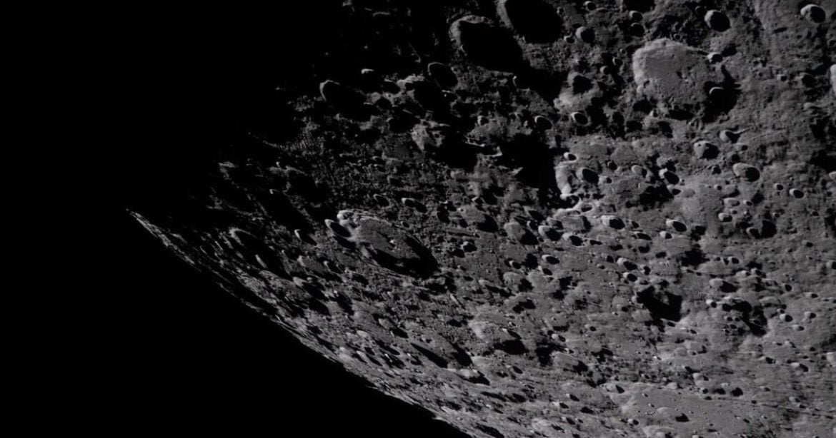 A portion of the eastern edge of the South Pole of the moon's Aitken basin, as captured by the Artemis II crew