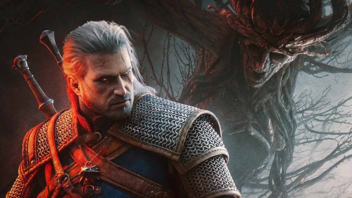 A close-up of a grizzled, ring-mail and leather armoured warrior with white hair and swords on his back, who's being