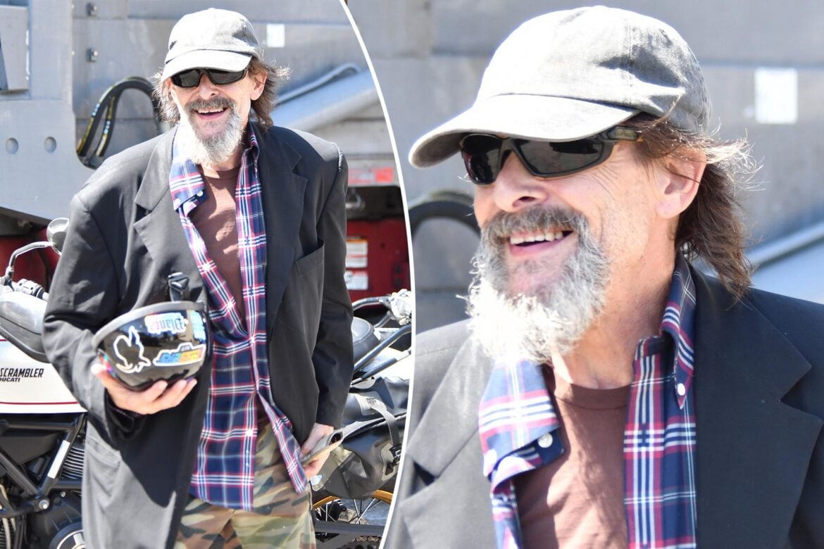 Collage of a man in a cap, sunglasses, and blazer holding a motorcycle helmet, next to a close-up of his smiling face