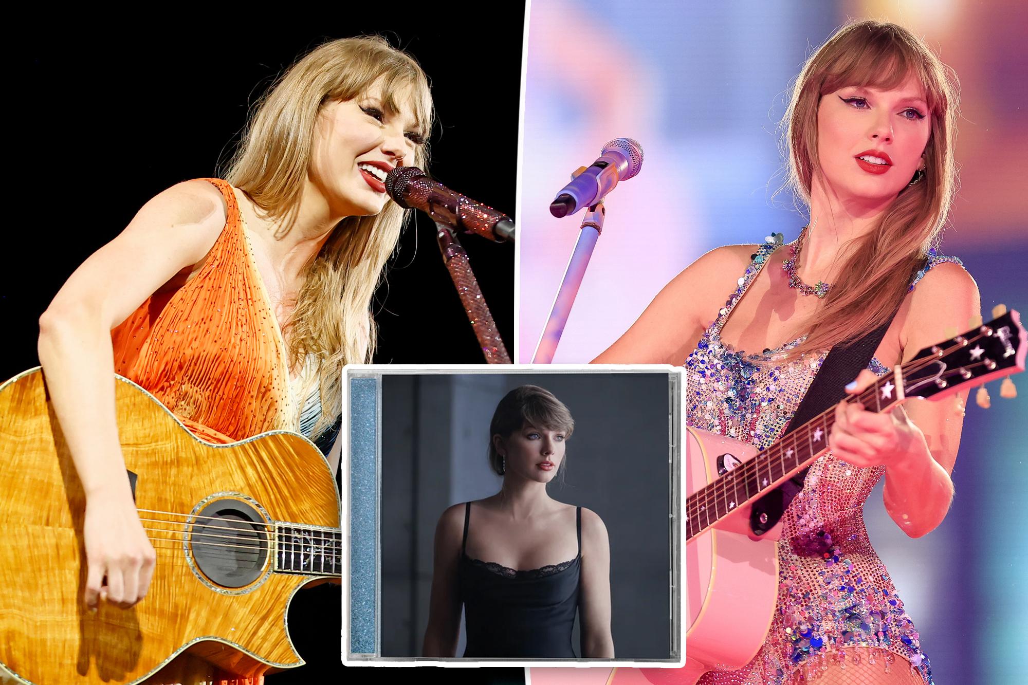 Collage of three images of Taylor Swift: singing with an acoustic guitar in an orange dress, performing with a pink guitar
