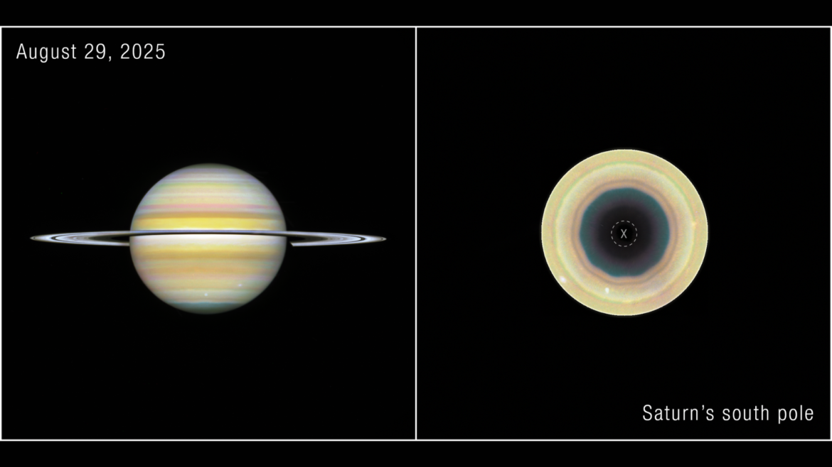 Two images of a yellow planet side by side, with white rings around the planet on the left and a yellow planet with a dark