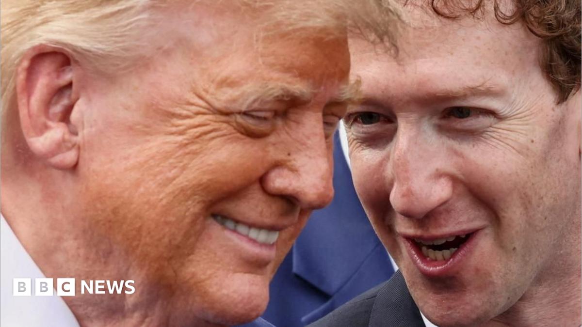 President Donald Trump pictured leaning towards Meta boss Mark Zuckerberg whom he is speaking to
