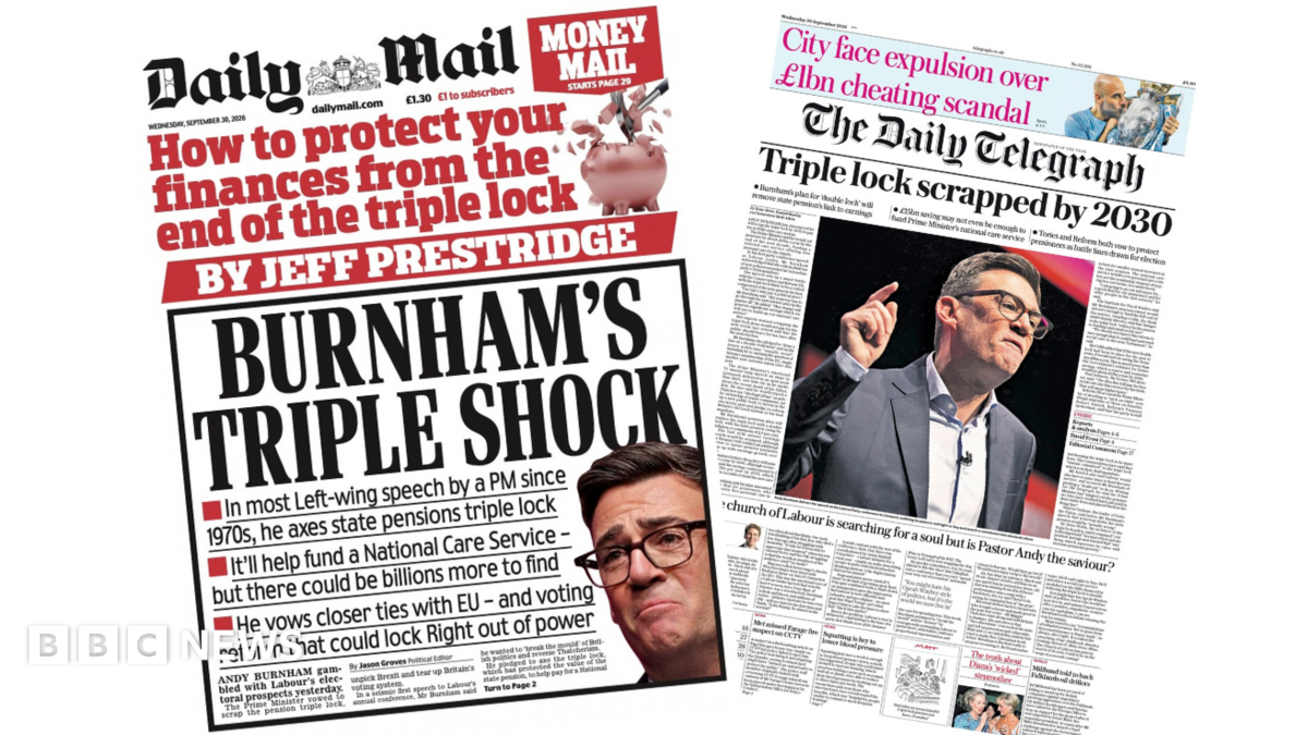The headline on the front page of the Daily Mail reads: "Burnham's triple shock". The headline on the front page of the