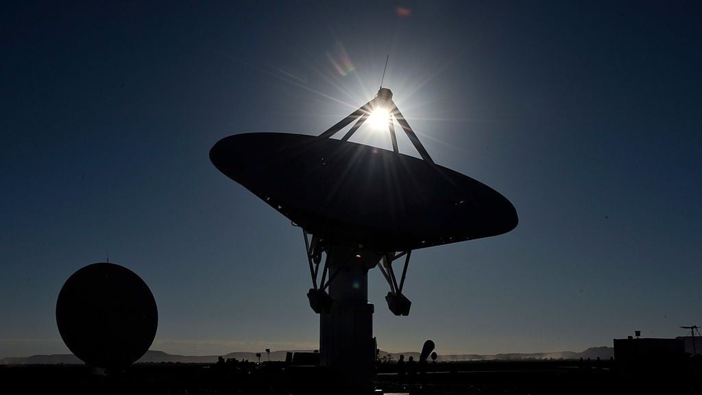 Some of the satellite dishes that make up the MeerKAT radio telescope in Carnavon, South Africa
