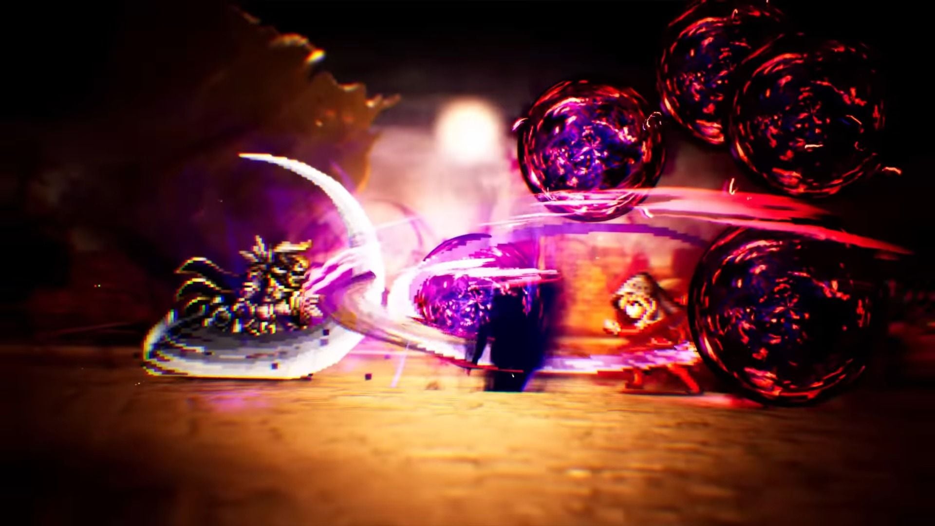 Two pixel-art characters engage in a dynamic battle with glowing purple energy orbs and sweeping white light effects against