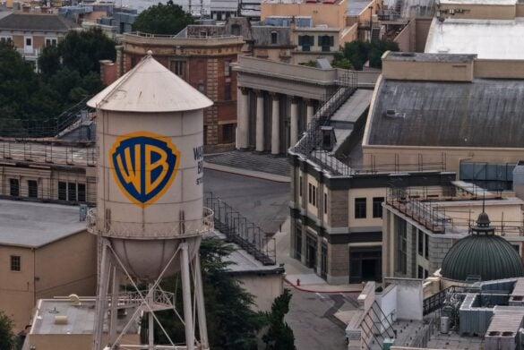 BURBANK, CALIFORNIA - JULY 13: In an aerial view, the Warner Bros. logo is displayed on the water tower at Warner Bros