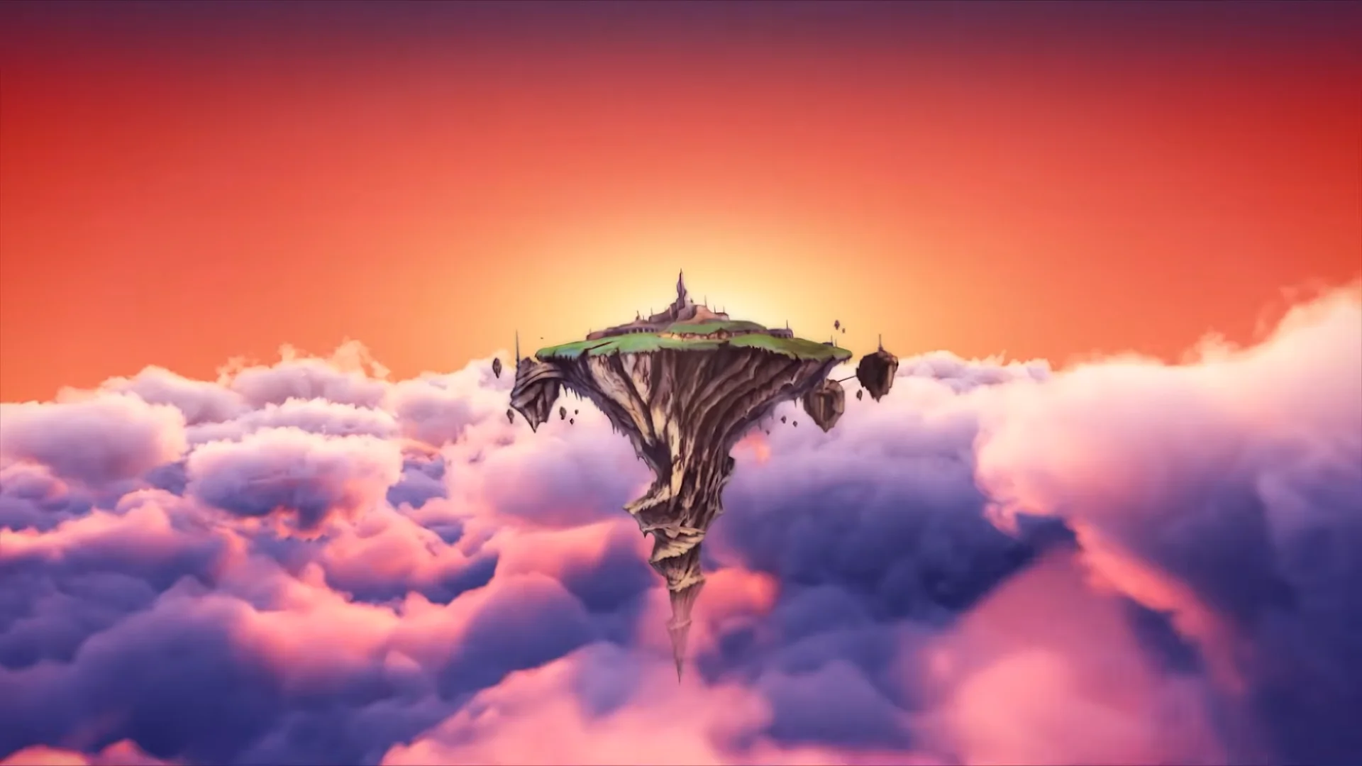 An island floating high in a sunset sky in Lufia I & II The Sinistrals Saga