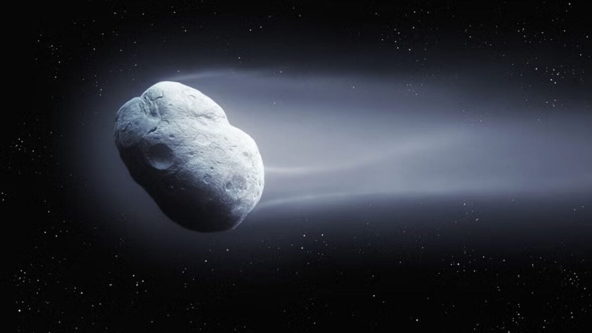 An illustration of a grayish white object with a trail of haze coming off it