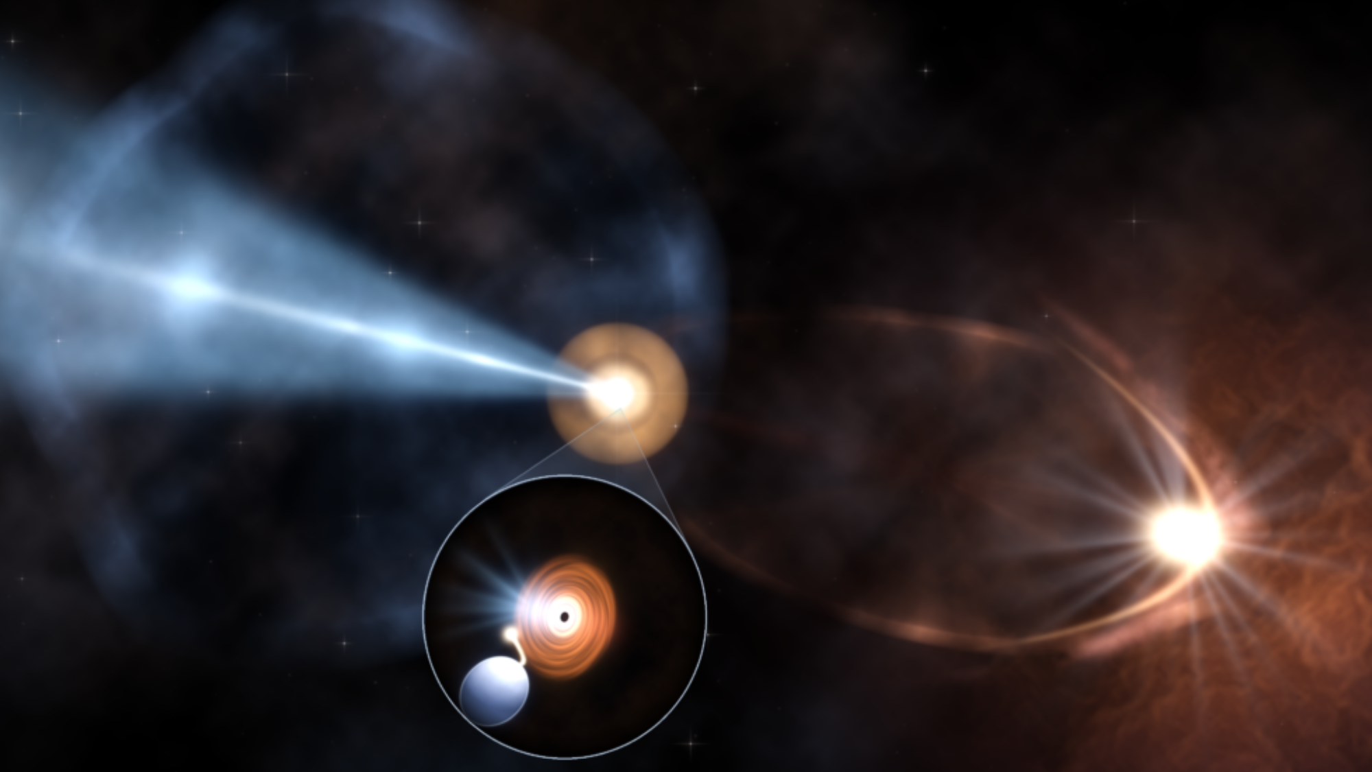 Orange sphere with a blue column emerging from it next to an orange arc