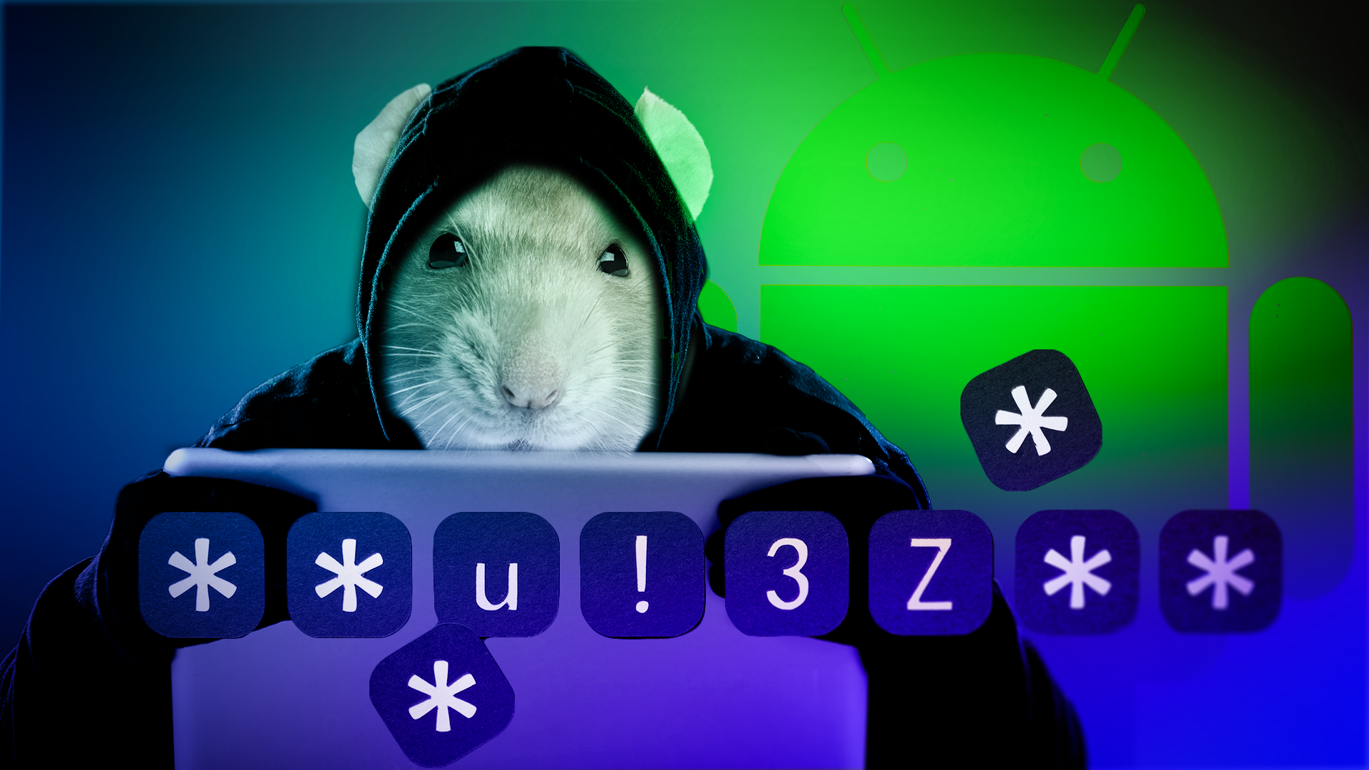 rat with hoodie resembling hacker in front of computer with green android symbol in background