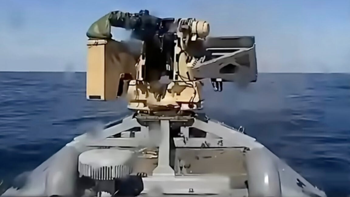 A 12.7mm machine gun mounted on a remote weapon station on a Ukrainian Sargan-3000 drone boat