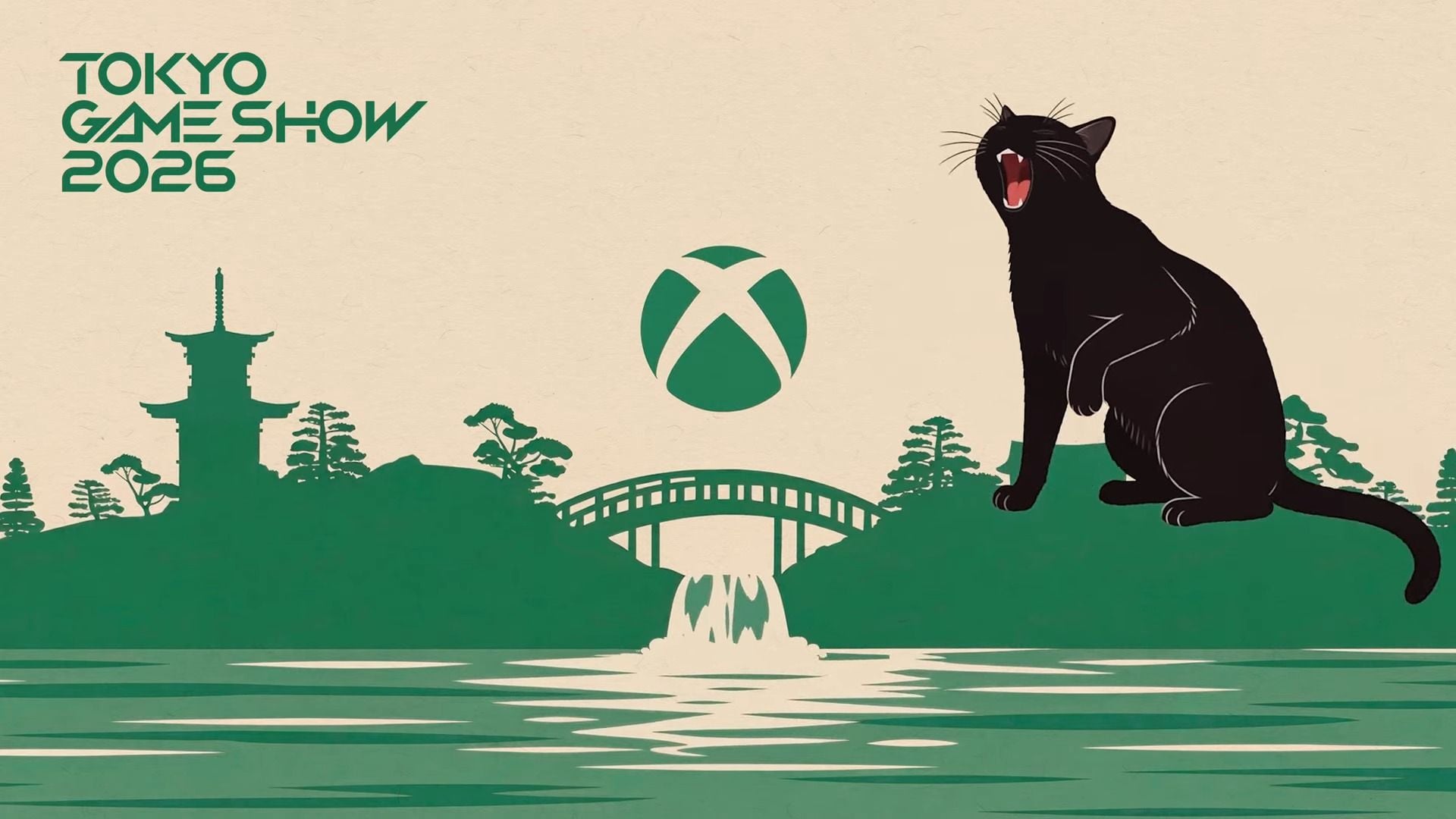 Illustration for Tokyo Game Show 2026 featuring a black cat, a bridge, and a pagoda, with the Xbox logo prominently