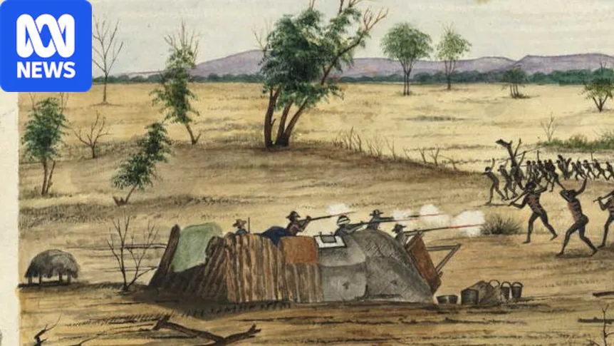 A painting shows armed fighting between an expedition and Aboriginal people