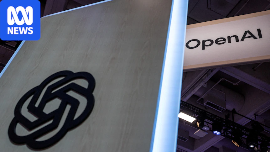 An upward-shot photo shows large wall with the OpenAI logo, behind it a banner reads 'OpenAI'