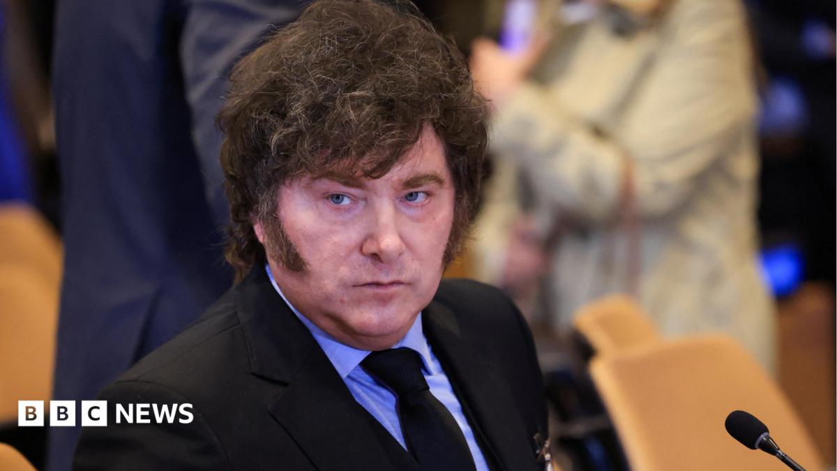 Argentina's President Javier Milei attends a meeting of the multinational political and security coalition "Shield of the