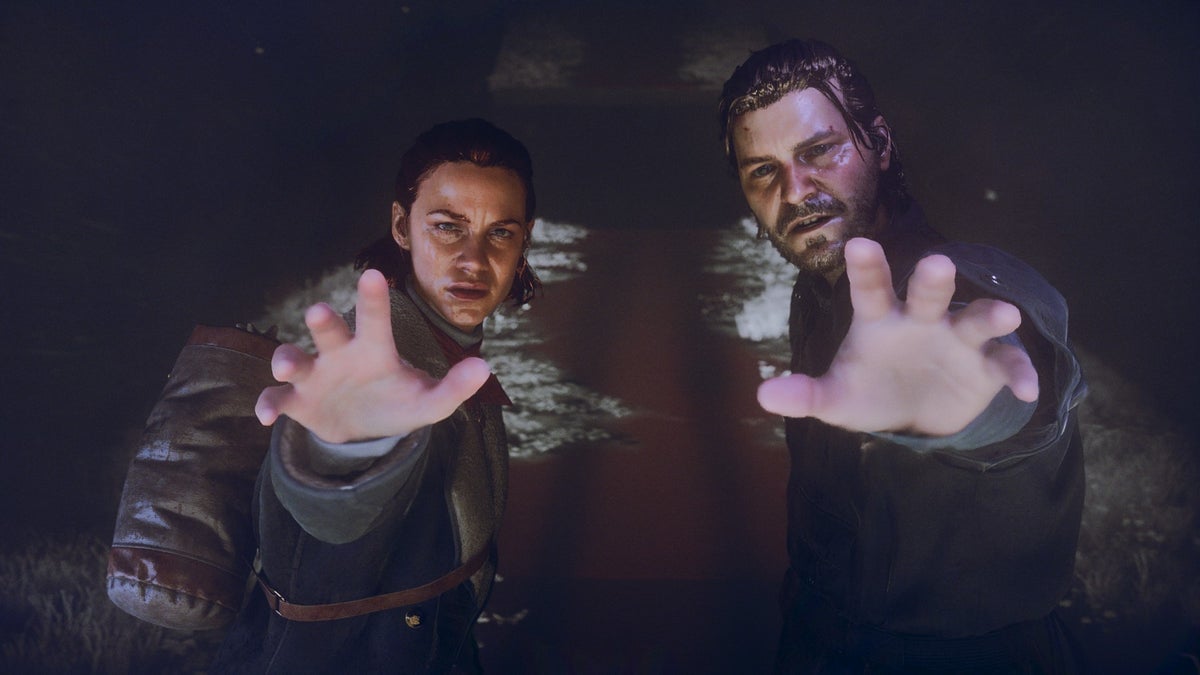 Screenshot of Control Resonant of Jesse and Dylan in a cutscene doing the outstretched jedi hand thing