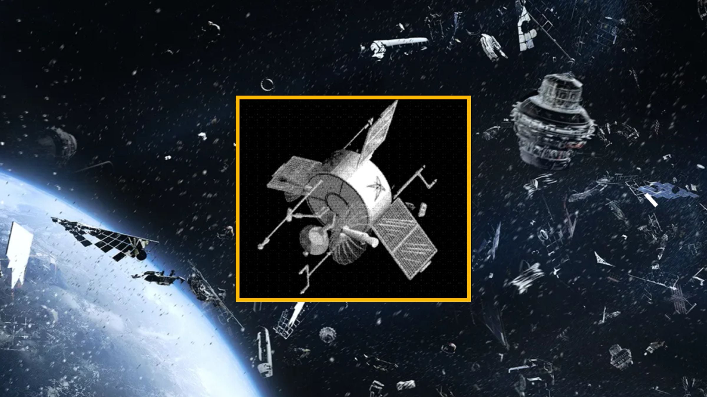 An illustration of space junk over Earth with a photo of USA 32 added