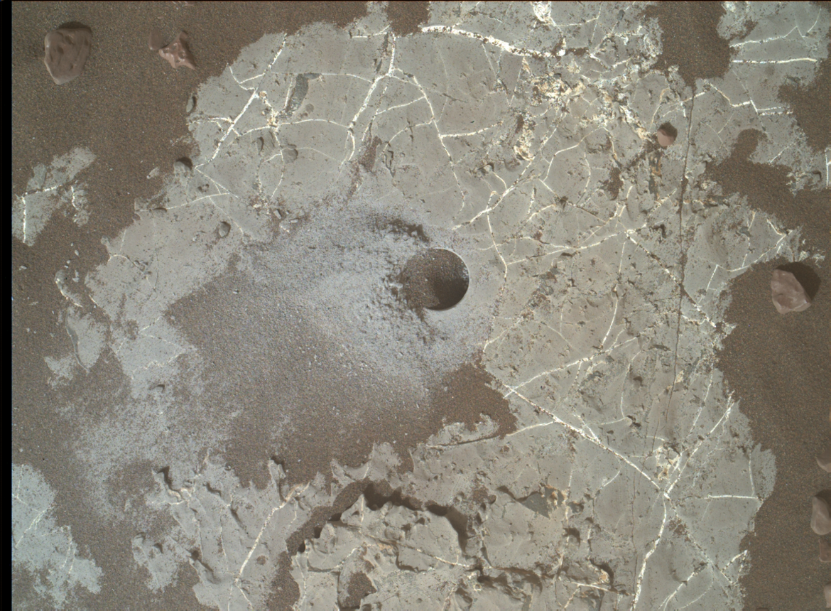 This image shows the Highfield drill hole made by NASA’s Curiosity rover as it was collecting a sample on Vera Rubin Ridge