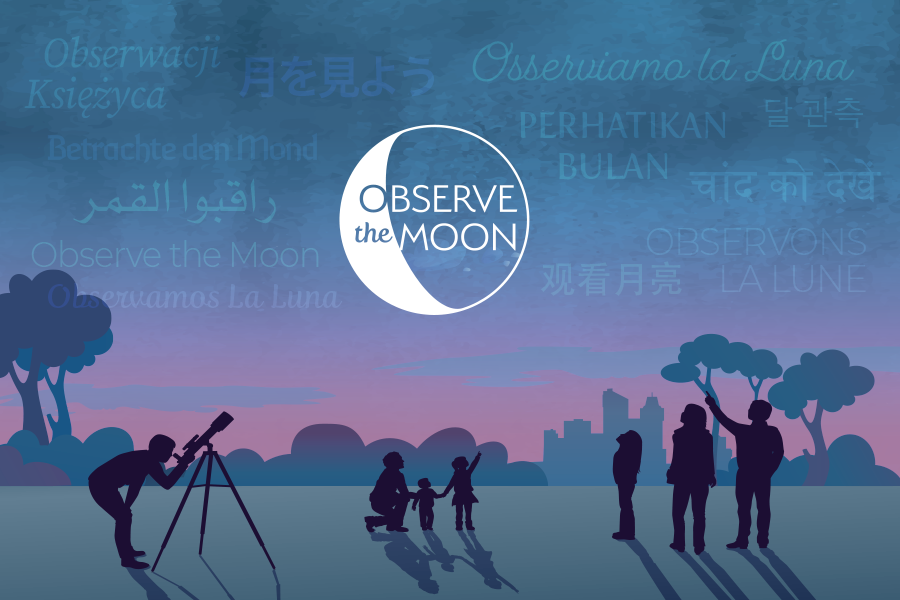 Stylized illustration of silhouettes of people looking up at a graphic "Observe the Moon" in the night sky. The sky is faded
