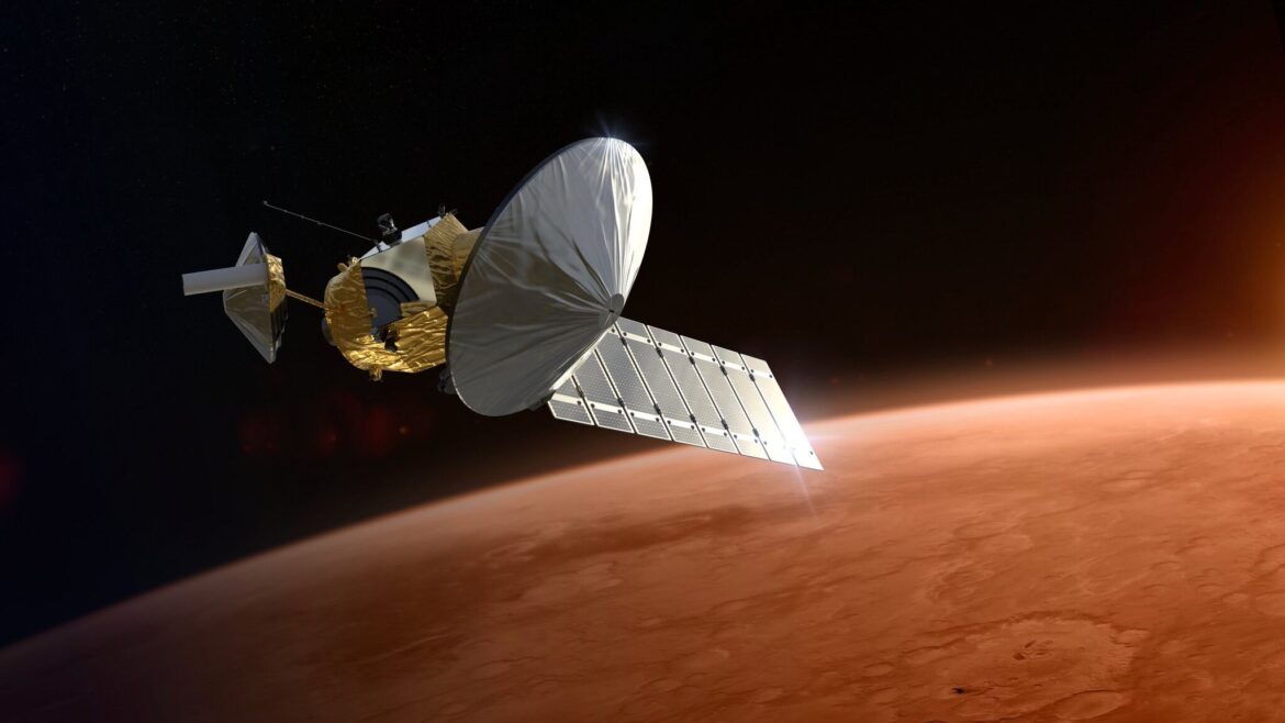 illustration of a large spacecraft orbiting mars