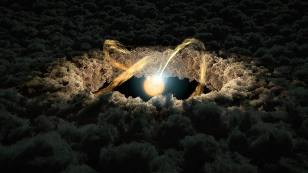 Artist's concept of a young star surrounded by a thick protoplanetary disk of gas and dust