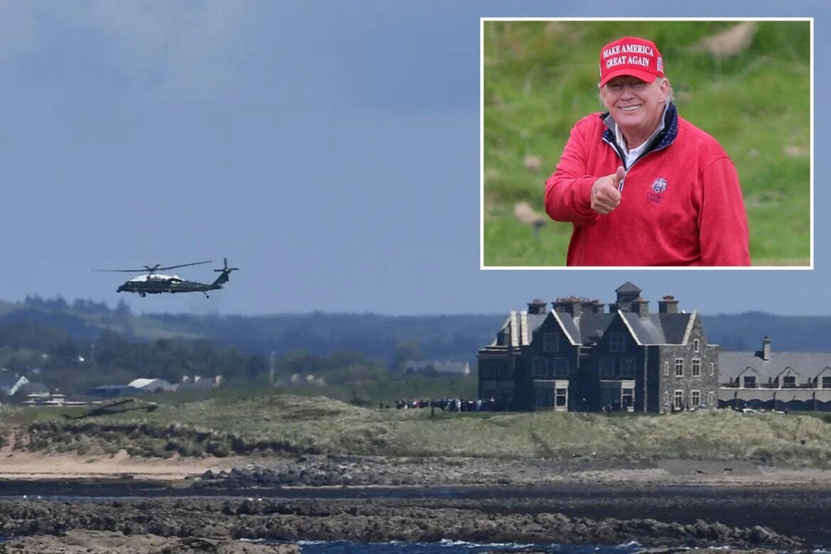An image collage containing 2 images, Image 1 shows Marine One carrying U.S. President Donald Trump and First Lady Melania