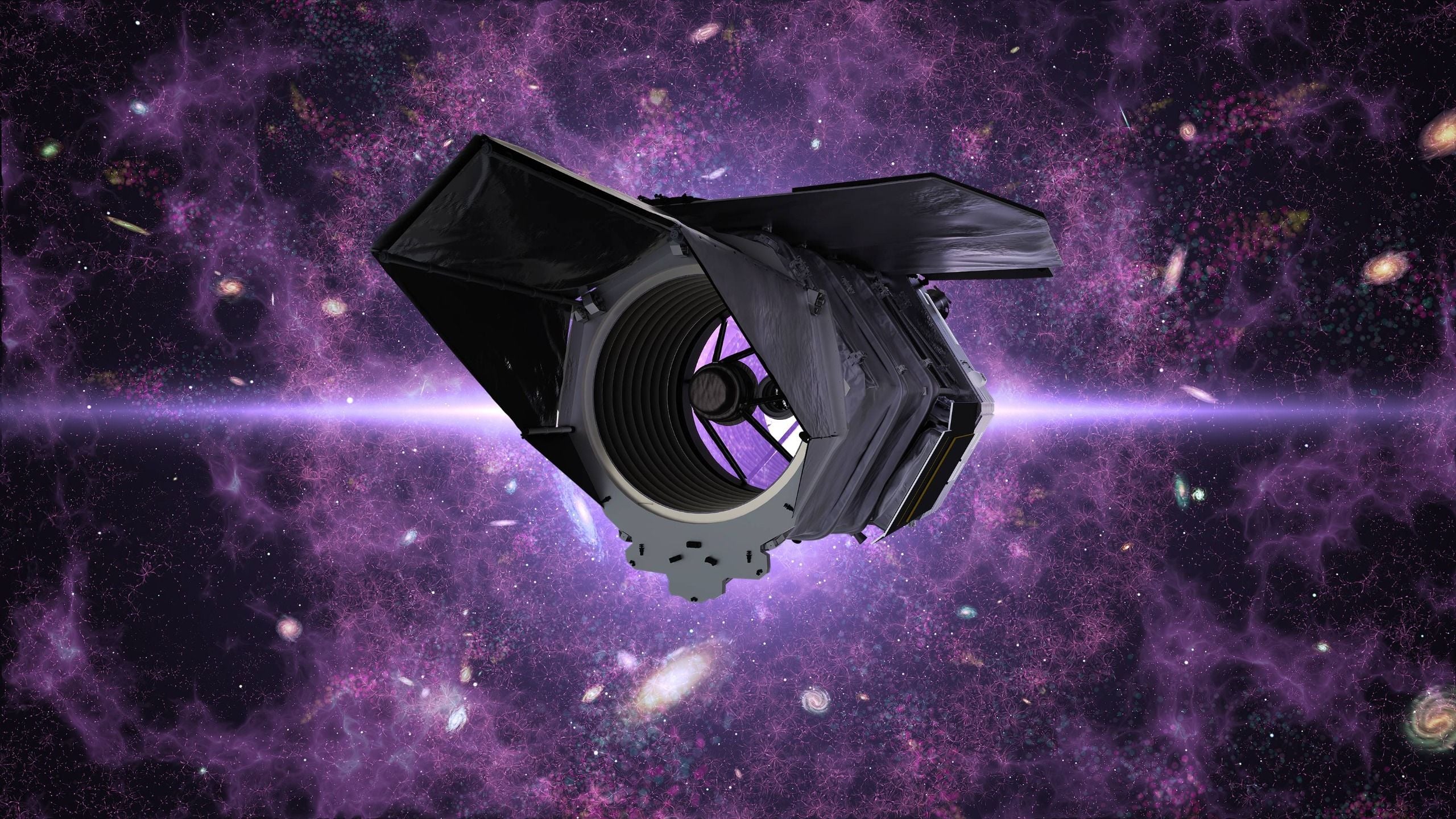 A NASA rendering of the Nancy Grace Roman Space Telescope deployed in space