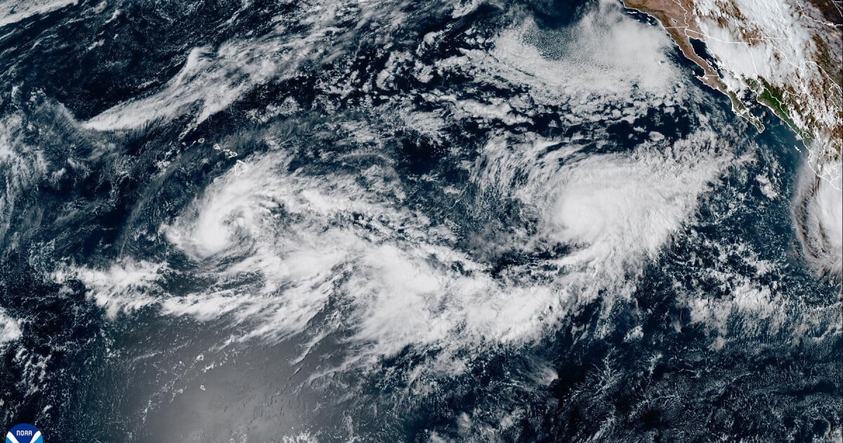 A satellite image shows Tropical Storm Nolo getting close to Hawaiʻi Island Wednesday morning