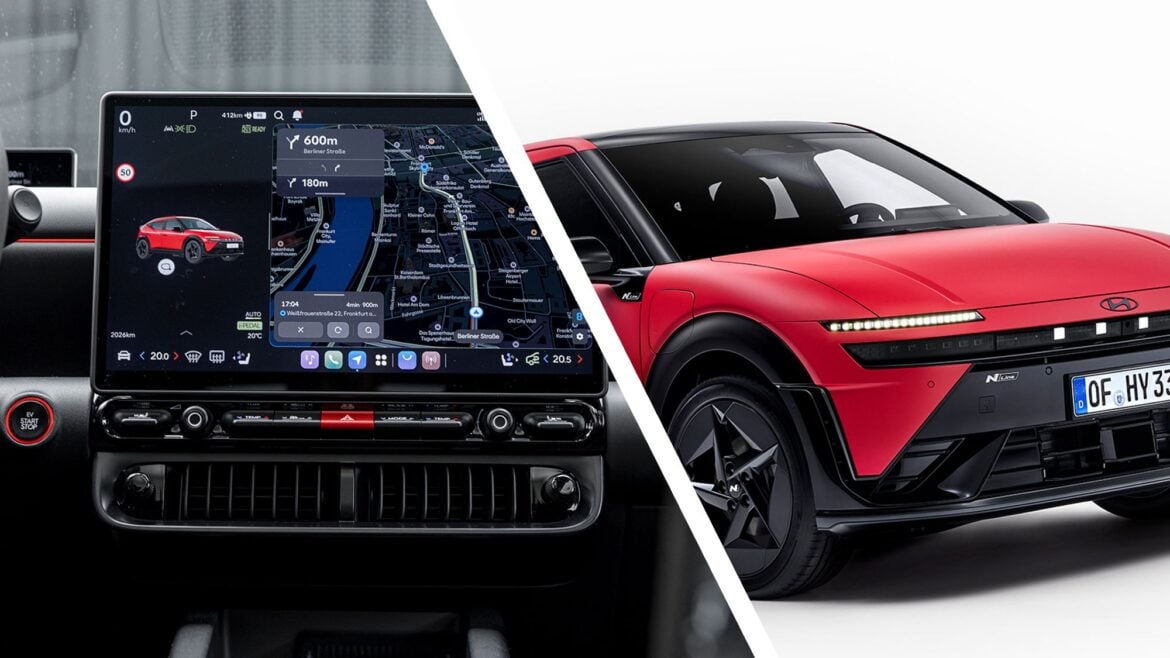 The interior of the Hyundai Ioniq 3 next to an external photo on a white background