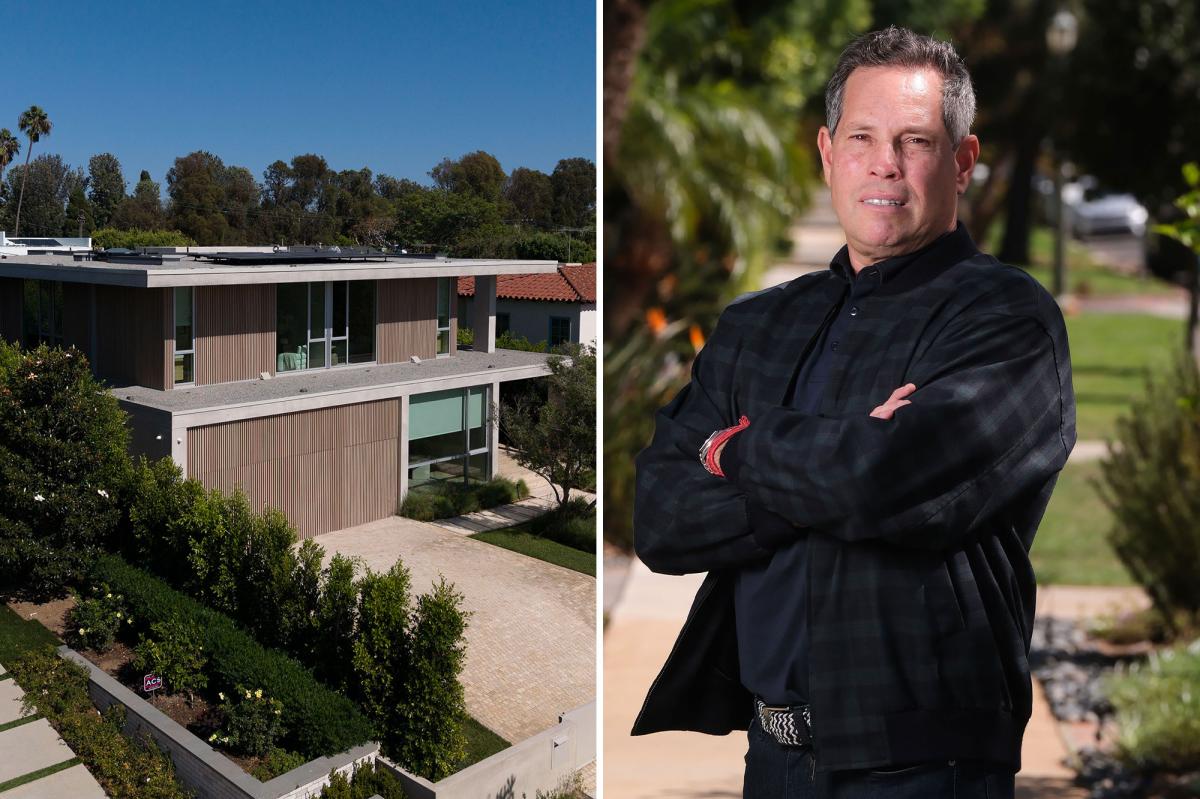 Collage of an aerial view of a modern house and a man in a plaid jacket