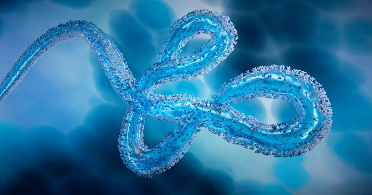 Illustration of a blue, filament-shaped Ebola virus particle twisting against a blurred microscopic background