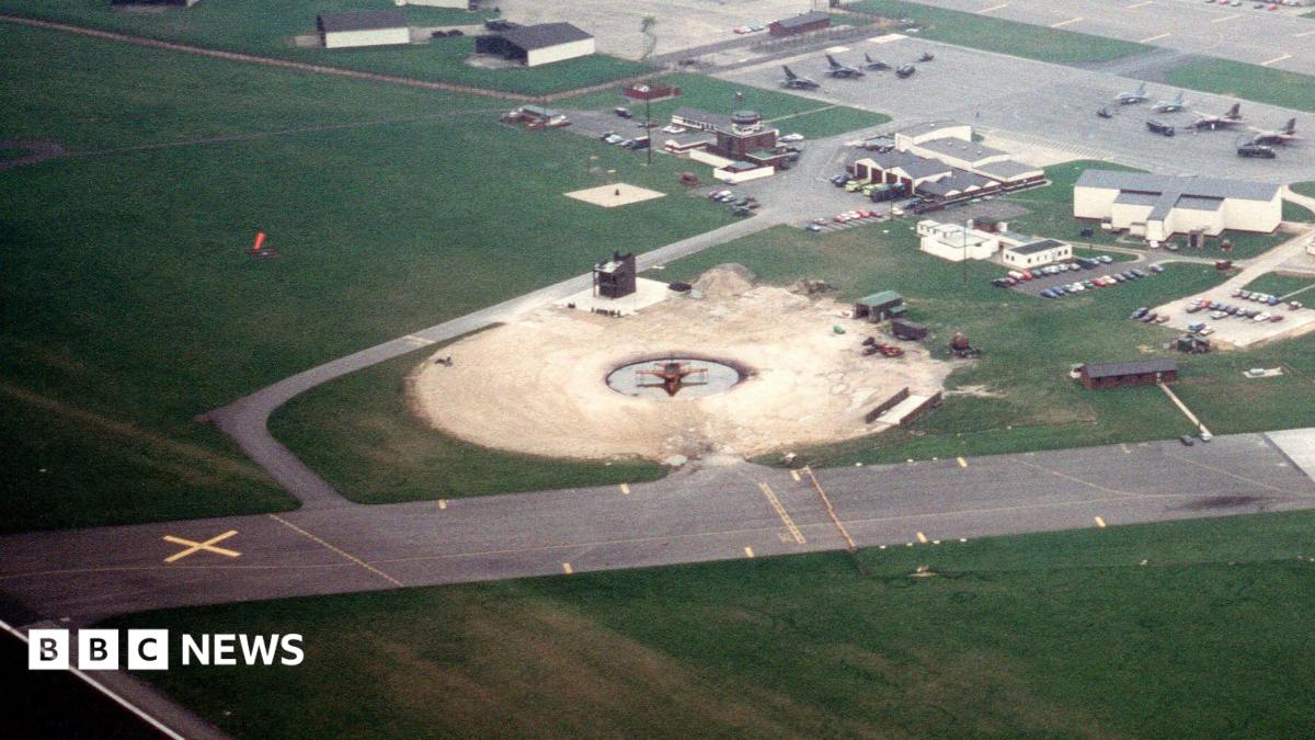 An aerial view of a fire pit at former RAF Upper Heyford in 1989