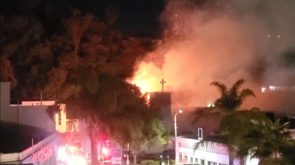 St Paul's Presbyterian Church ablaze early Monday morning in Napier. Photo / Jason Lake