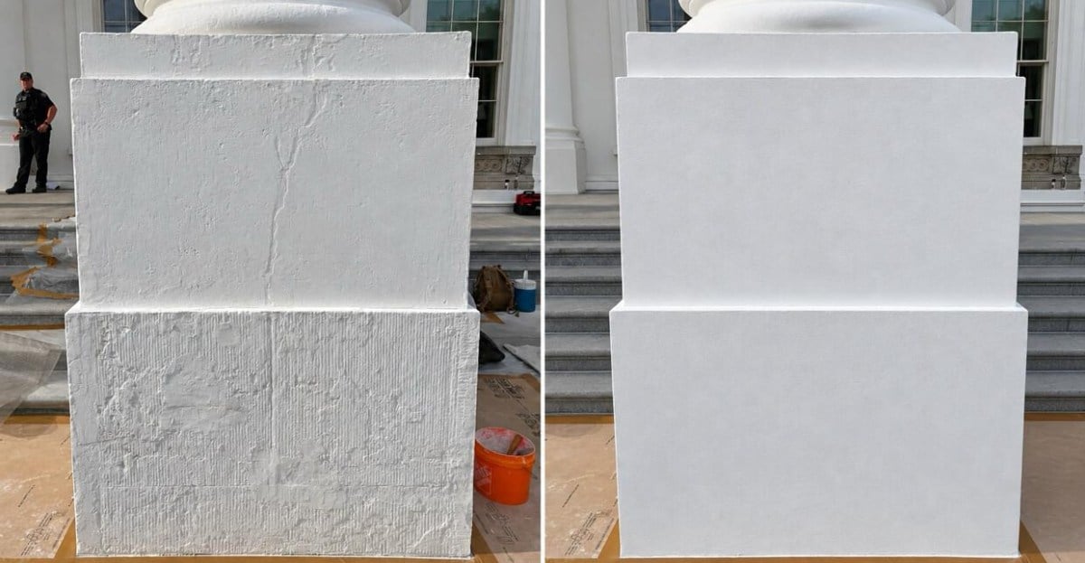 A before and after photo of a White House column that appears to be edited with AI