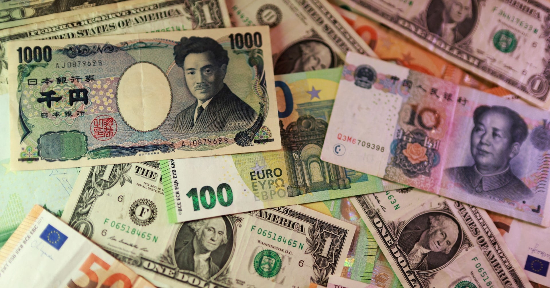 U.S. dollar, Euro, Yen, Pound, Turkish Lira, Yuan banknotes are seen in this illustration taken March 24, 2026. REUTERS/Dado