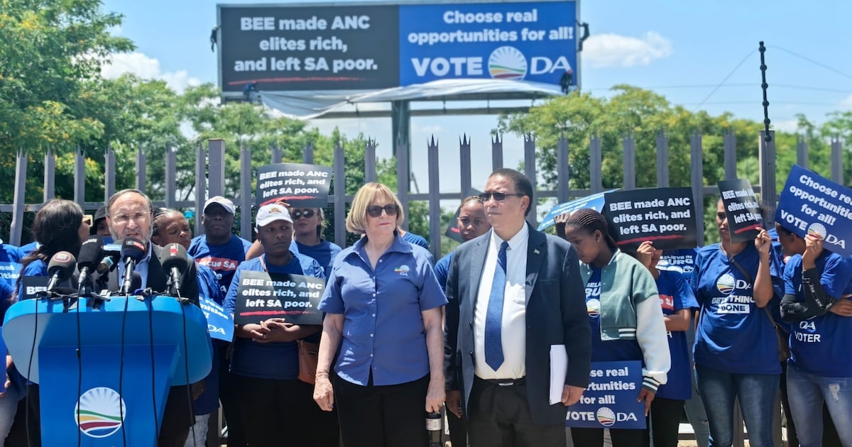The DA's Helen Zille, Ivan Meyer, Jack Bloom, Mat Cuthbert and Bridget Masango unveil a billboard targeting the ANC's