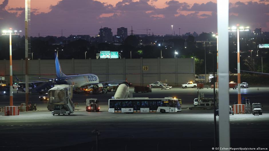 A replacement Flydubai plane lands at Ben Gurion Airport. The flight, travelling from Dubai to Tel Aviv, was diverted to