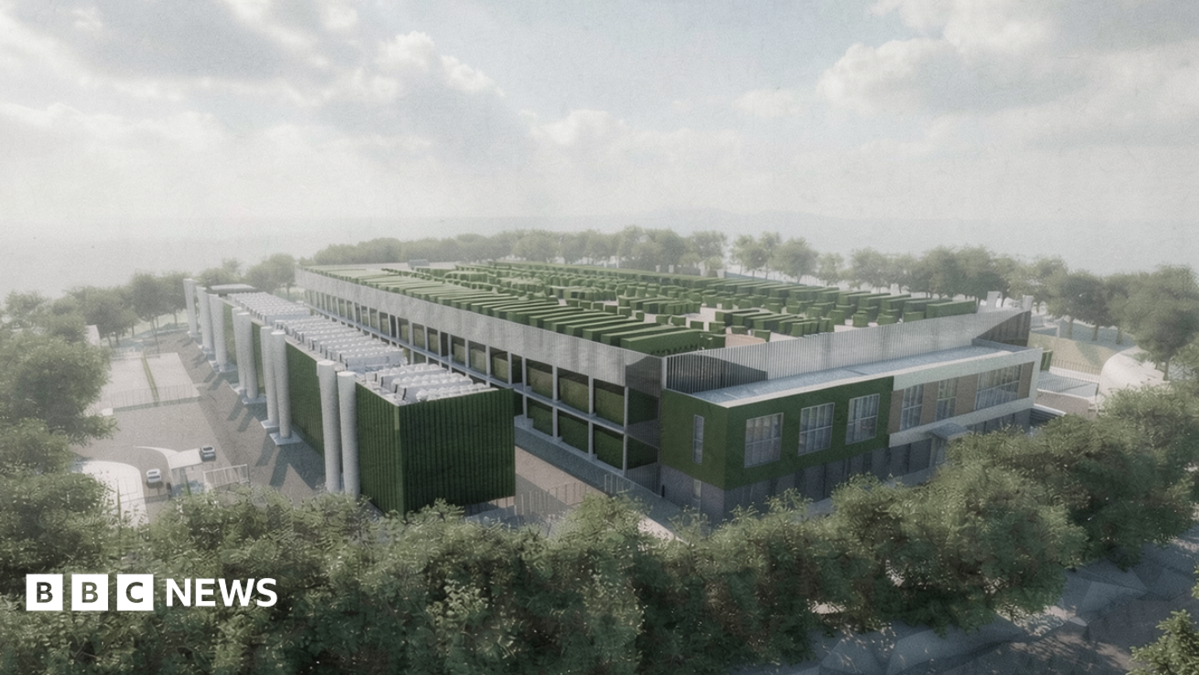 An artist's impression shows a large data centre, surrounded by trees and with a green roof in a square shape