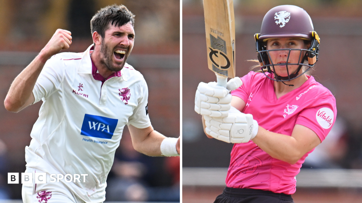 Split graphic of Craig Overton celebrating a wicket and Sophie Luff playing a shot into the leg side