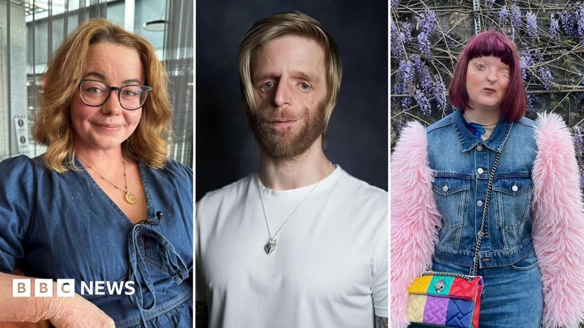 A composite image of three people with visible differences. Rhiannon has blonde wavy hair, wears glasses and is wearing a