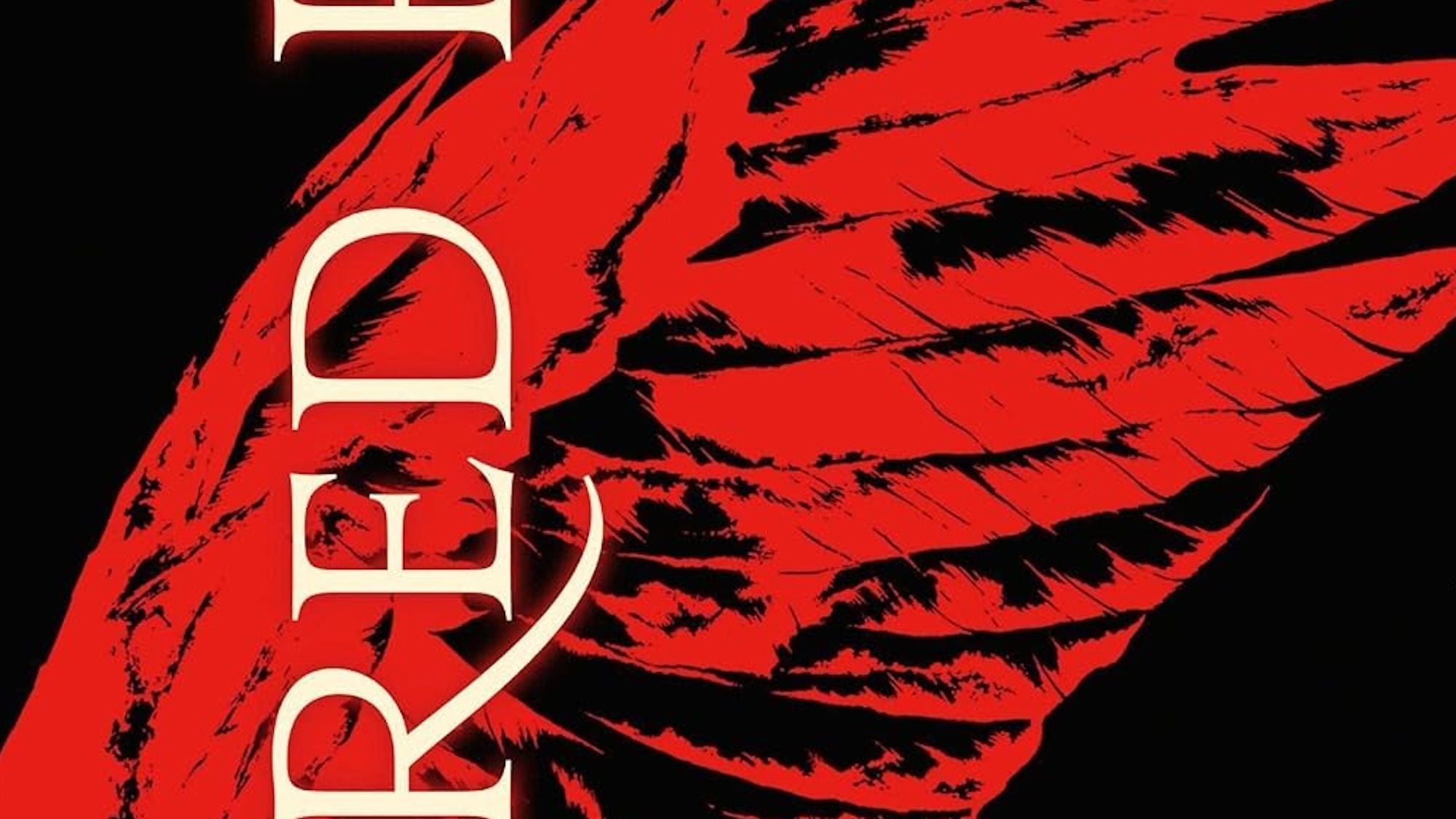 Cropped portion of the Red Rising book cover, including the word Red turned on its side, and part of the red feather