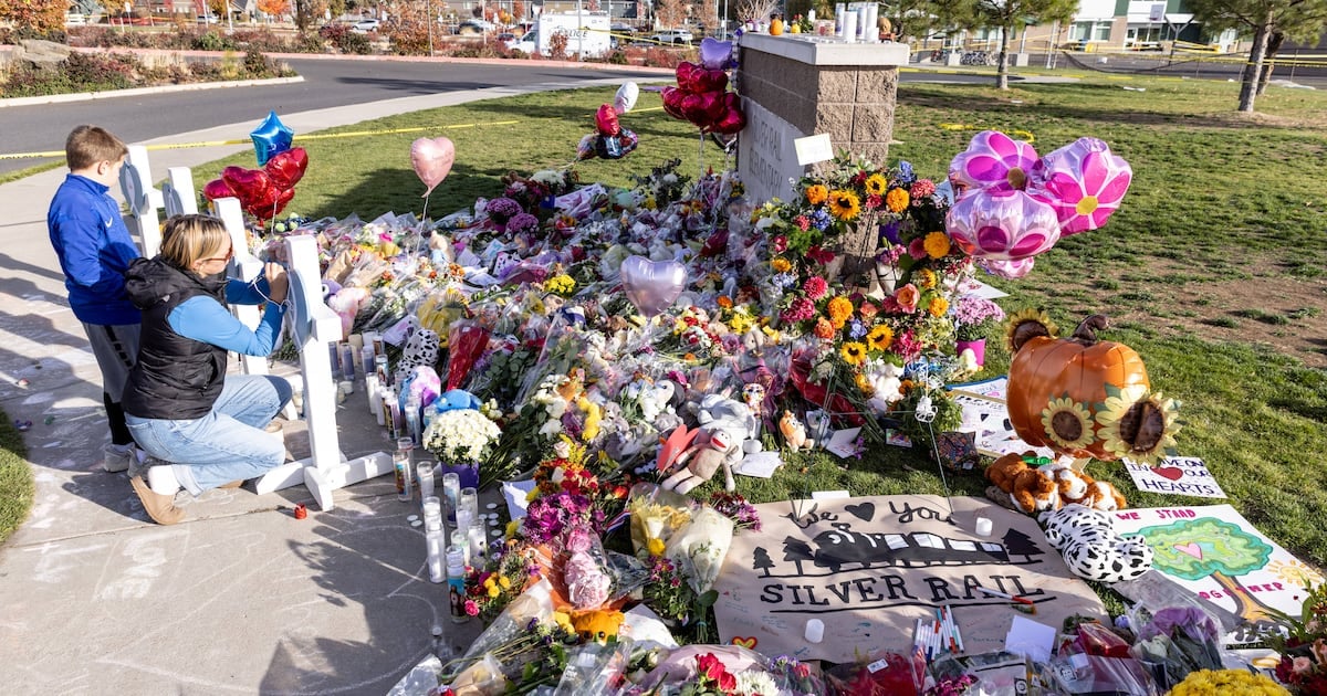 A memorial site outside Silver Rail Elementary School in Bend, Oregon. Photograph: Payton Bruni/AFP via Getty Images