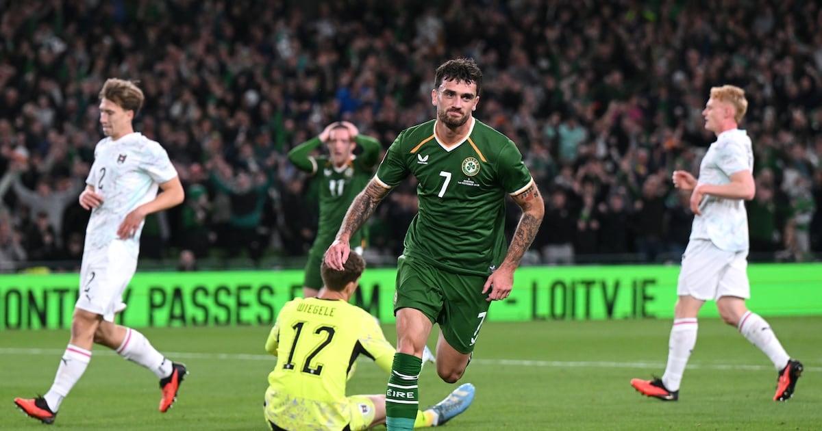 Troy Parrott of Republic of Ireland celebrates scoring his team’s first goal against Austria. Photograph: Charles