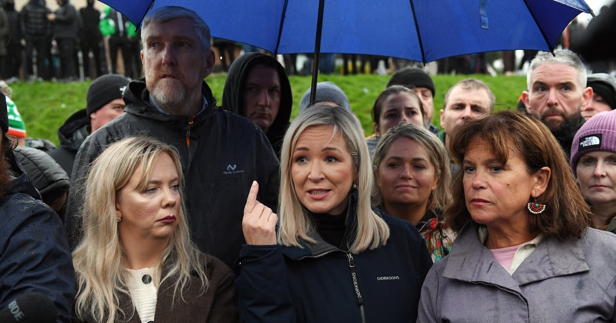 Michelle O'Neill, First Minister of Northern Ireland, speaks to reporters recently alongside Sinn Féin vice-president Mary