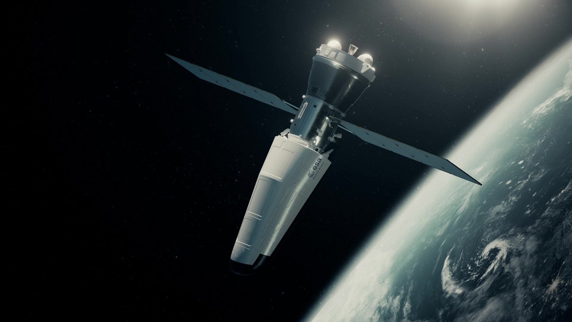 a sleek pointy spacecraft with solar panels above Earth