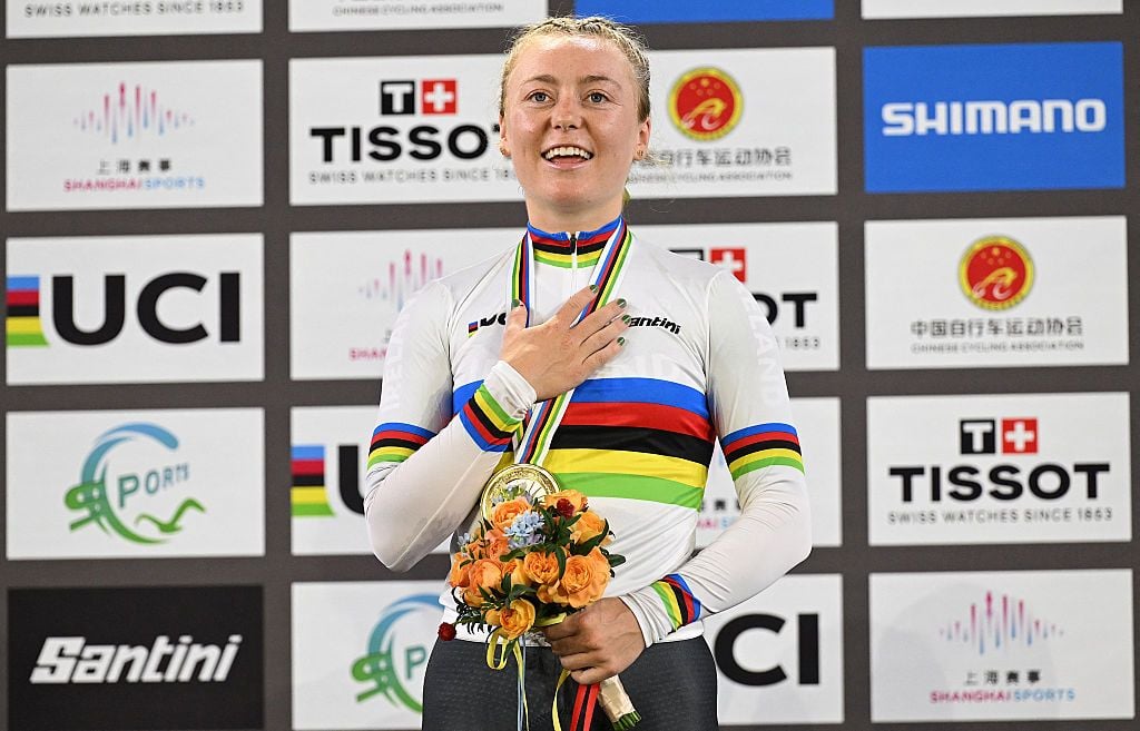 Gold medalist Ireland’s Lara Gillespie sings her national anthem in the award ceremony for the women’s points race at the