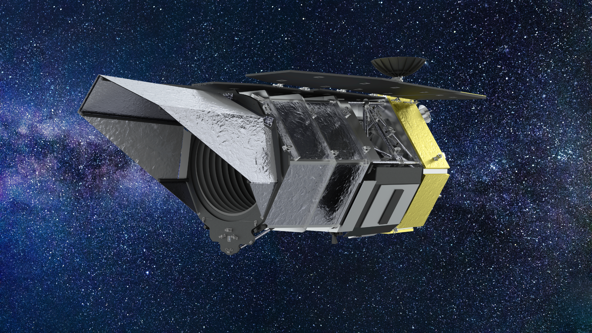 A large space telescope in front of a deep space background