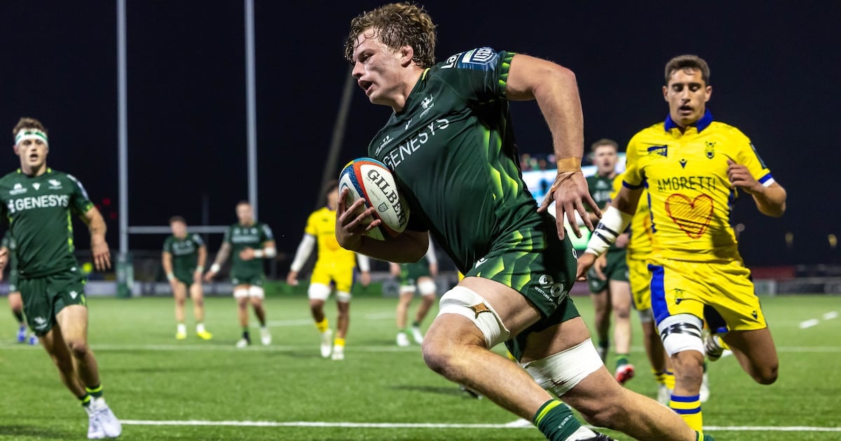 Connacht’s Cian Prendergast runs in a try against Zebre. Photograph: Morgan Treacy/Inpho