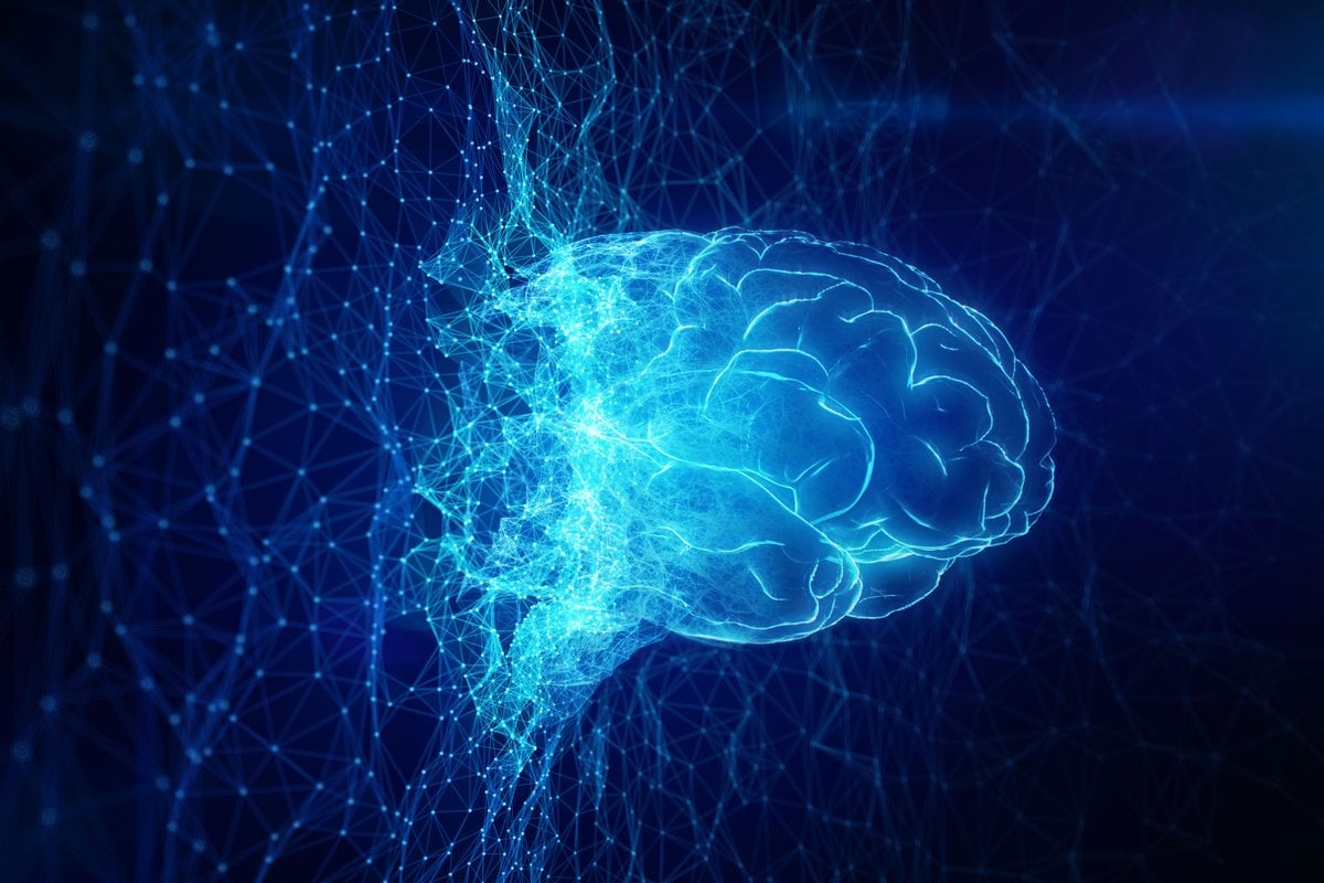 Blue computerized brain melting into a screen of dots and lines