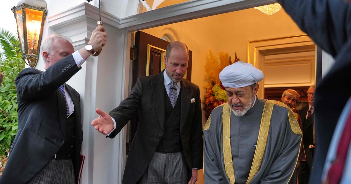 Britain's Prince William, Prince of Wales and Oman's Sultan Haitham bin Tarik leave The Sultan's residence in London on the